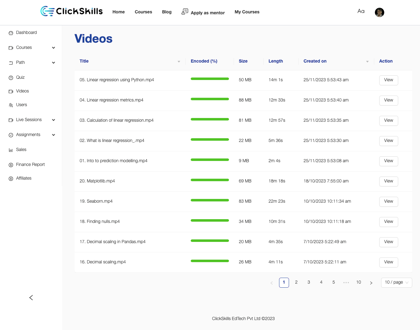 Videos Management Interface